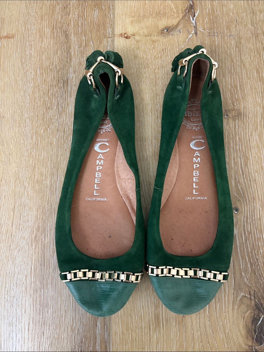Jeffrey Campbell Emerald Green Suede Chain-Trim Ballet Flats